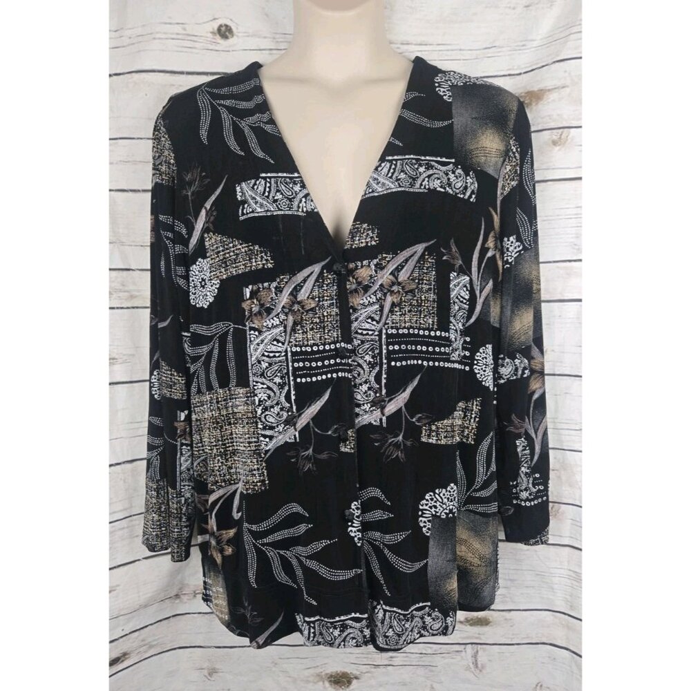 Vikki Vi Black Leaf Print Jacket Cardigan Top 1X Slinky Button Front Acetate